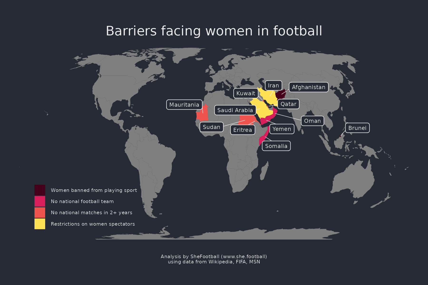 Map showing countries where women either are banned from playing football or have no active national team